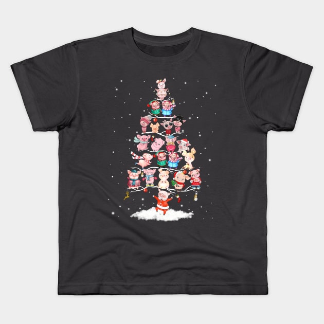 Winter Pig Tree Snow Merry Christmas. Kids T-Shirt by tonydale